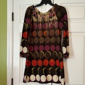 Aryeh dress boat neck 1/4 sleeve sz lg 90%acrylic/10%nylon brown w/colored dots